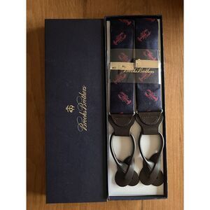 NEW Brooks Brothers Suspenders Navy/Red LOBSTERS Adjustable Y Back Brown Leather